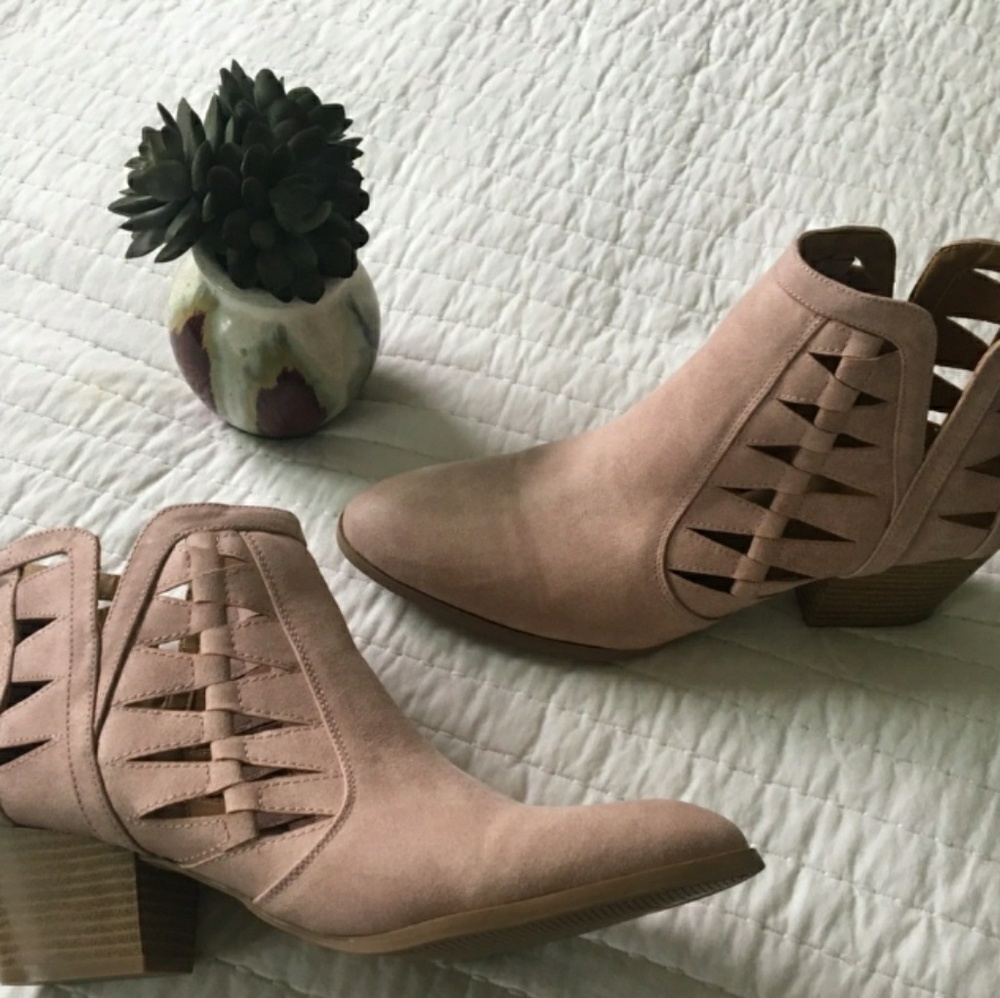 Pink Blush Laser Leather Cutout Booties Low Heel